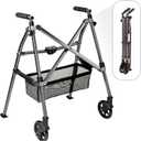 Stander Wonder Walker Plus, Lightweight Folding Mobility Aid for Adults, Seniors, and Elderly, Collapsible Travel EZ Fold-N-Go with Wheels, Glides, & Basket, Black Walnut