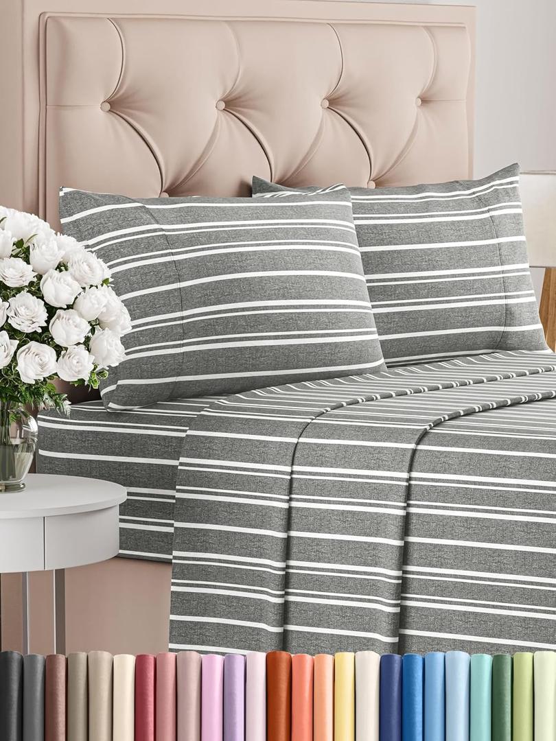 Twin XL 4 Piece Sheet Set - Comfy, Breathable & Cooling - Hotel Luxury Bedding for Women, Men, Kids & Teens - 1 Flat & 1 Fitted Sheet and 2 Pillowcases w/ Deep Pockets - Wrinkle Free - Grey Stripes