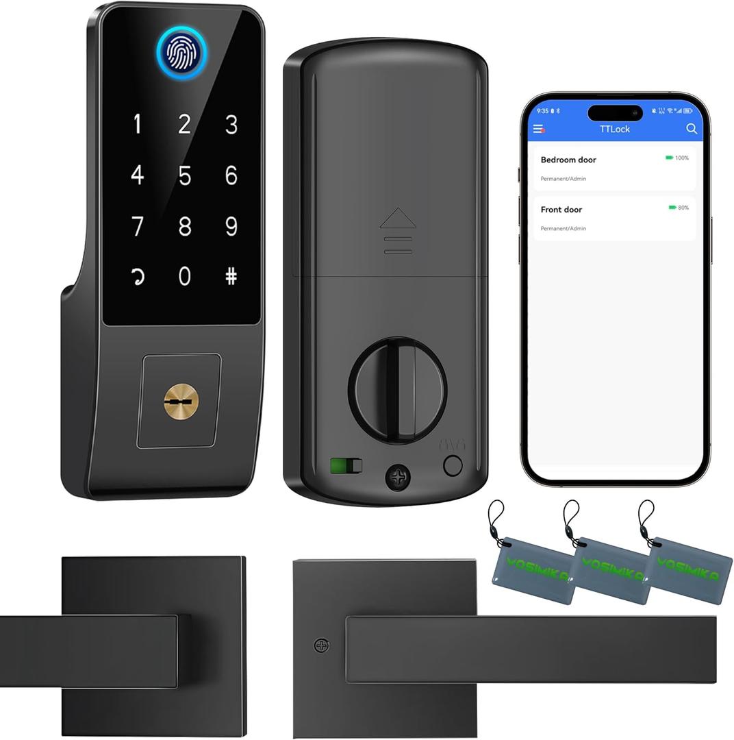 Smart Fingerprint Digital Door Lock - Keypad Lock and 2-Lever Handle Set,Keyless Entry Deadbolt for Front Door, App & Voice Control, Auto-Lock, Anti-Peep,Matte Black
