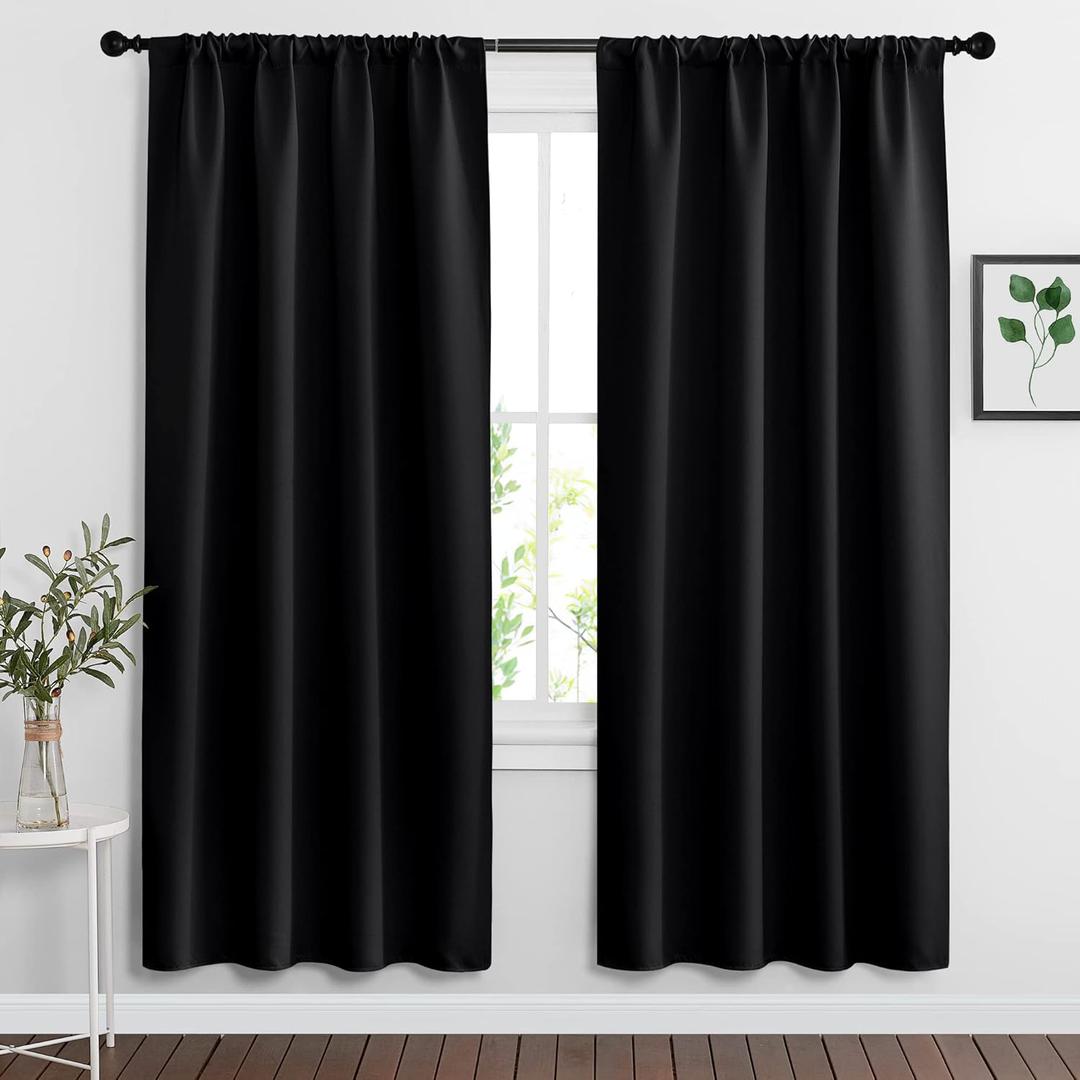 RYB HOME Bedroom Window Treatments Blackout Curtains (42 Wide x 72 Long, Black, 2 Pieces) Blackout Rod Pockets Drapes Panels Windows Shades Energy Efficient Privacy Protect for Living Room