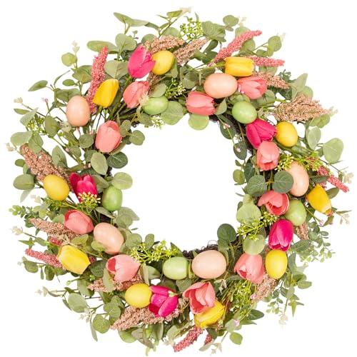 wwmira 22 Inch Easter Wreaths for Front Door, Egg Wreaths with Tulips and Eucalyptus Leaves, Spring Decorations Outdoor Indoor Outdoor Farmhouse Rustic Easter Door Decor