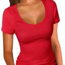 PALINDA Women's Scoop Neck Ribbed Fitted Shirt Basic Short Sleeves Summer T Shirt Tops