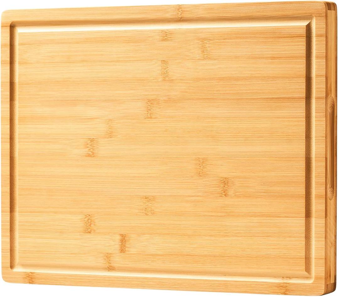 Large Bamboo Wood Cutting Boards for Kitchen, 1" Thick Charcuterie Boards, Butcher Block with Juice Grooves & Handles (Natural)