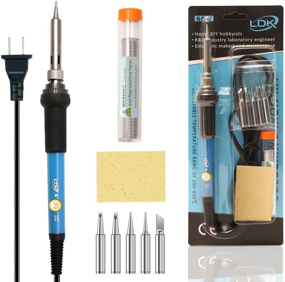 LDK Soldering Iron Kit Electric 60W 110V Adjustable Temperature Soldering Gun Welding Tools, 5pcs Soldering Iron Replacement Tips, Sponge and Solder Wire