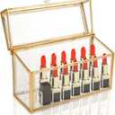 HighFree 24 Slots Glass Lipstick Organizer - Gold Vintage Transparent Display Box With Lid & Removable Dividers for Lip Gloss