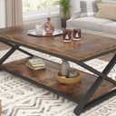 HSH Rustic Coffee Table with Storage Shelf, Industrial Metal Wood Living Room Table, Farmhouse Minimalist Rectangle Center Table, Vintage Simple 2 Tier Cocktail Tea Table, Rustic Brown, 47 Inch