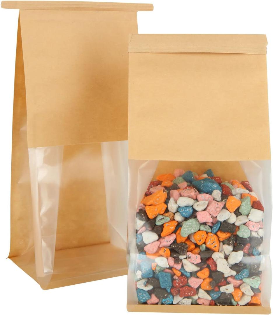 QTLCOHD 100 Pcs Bakery Bags with Window - 5.1 x 4.3 x 11 Inch Tin Tie Tab Lock Small Paper Bread Bags for Homemade Bread, Cookie, Pastry, Loaf, Treat Packaging, Brown | Tin Tie Tab Lock