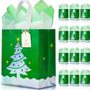 KeerxunBag 12 Pack Christmas Gift Bags 8x4x10 Inches, with 24 Tissue Papers & 12 Cards, Non-Woven Reusable Green Gift Bags for Holiday Party (Christmas tree gift bag -Set of 12 -Medium Size)