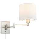 Globe Electric Anderson 1-Light Brushed Steel Plug-In Swing-Arm Wall Sconce with White Fabric Shade and 6-Foot Cord, Bulb Included, 51627