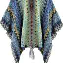 Knit Shawl Wrap Poncho Cape for Women, Ladies Knitted Cardigan Kimono with Fringe for Fall Winter (Blue Pattern)