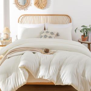 ROSGONIA Queen Comforter Set Ivory, 3pcs(1 Boho Ivory Comforter & 2 Pillowcases) All Season Soft Bedding Lightweight Bedspread Blanket Quilt Bed