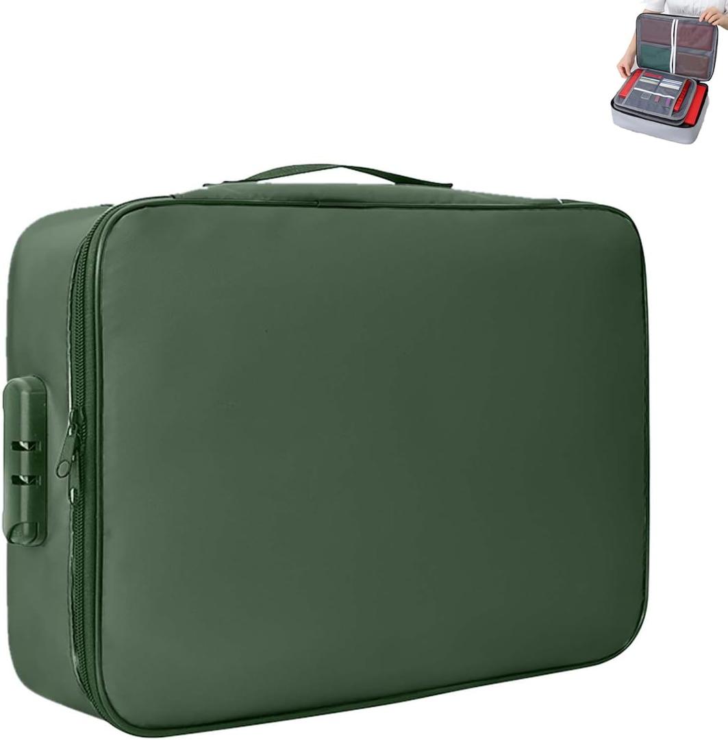 Fireproof Document Box, Waterproof File Organiser, Portable Home Fire Lockable Fire Safe Document Box, Collapsible Travel Storage Boxes File Storage With Inserts Bags And Zipper (Green)