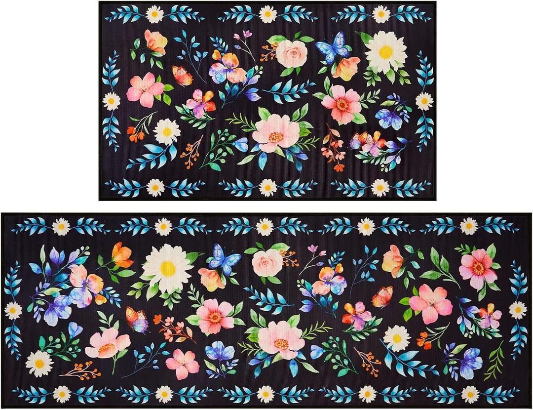 WERNNSAI Spring Kitchen Decor Rugs Set- 2 Piece Kitchen Mats Non-Slip Kitchen Backing Area Rugs Sweet Home Doormat Washable Waterproof Standing Mat for Indoor Outdoor Entry Floor (Black A)