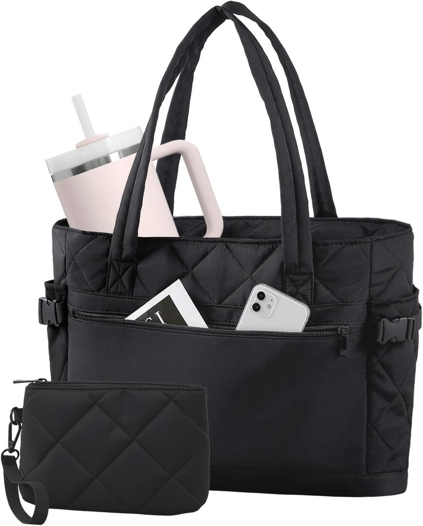 Puffer Tote Bag for Women, Work Bag with Cup Holder, Teacher Bag with Compartments, Quilted Tote Bag with Zipper for Travel (Small, Black)
