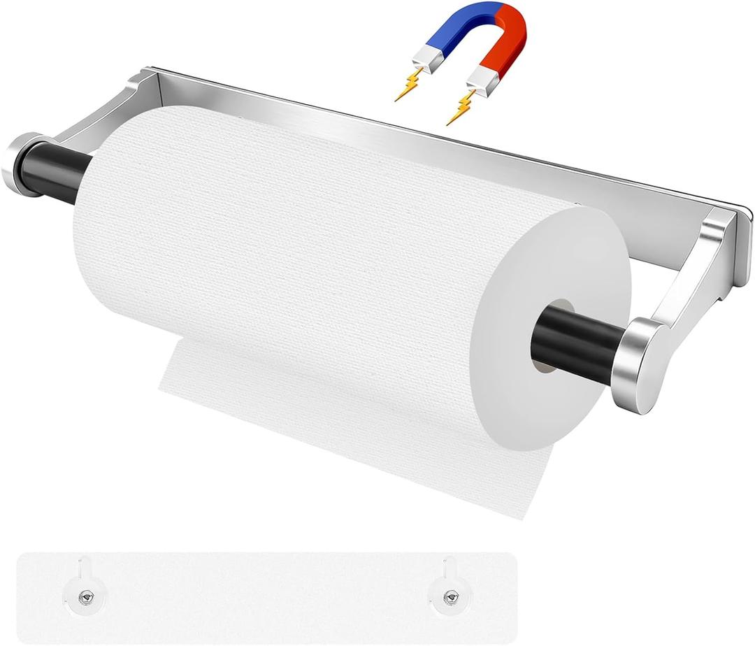 Magnetic Paper Towel Holder for Fridge, Stable Self-Adhesive Aluminum Paper Towel Holder Wall Mount for Kitchen Cabinet, Refrigerator, Bathroom, Garage, Pantry, Living Room, RV Storage, Silver