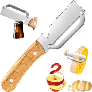 2 x Multifunctional Vegetable Peeler, 2-in-1 kitchen peeler equipped with bottle opener, Zero Snag Wooden Kitchen Tool, Stainless Steel Peelers for Kitchen, Suitable for Fruits and Vegetables (1PCS)