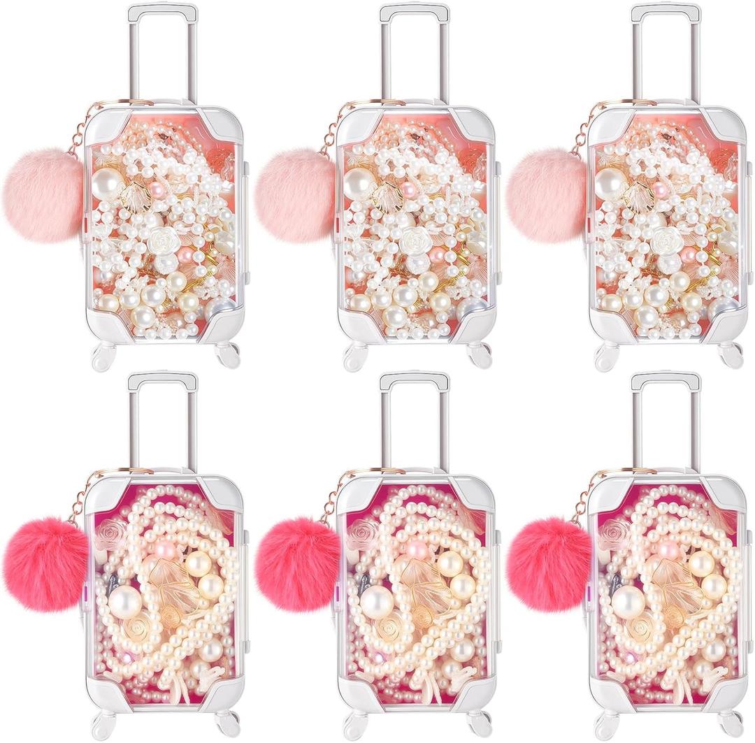 VioraWhite 12 Pcs Mini Suitcase Empty Storage Box and Plush Ball Keychain Candy Luggage Containers Packaging Case for Bridal Shower Baby Shower Party Favors Travel Gifts (Pink,Hot Pink)
