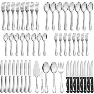 LIANYU 77-Piece Silverware Flatware Set for 12, Plus Steak Knives and Serving Utensils, Stainless Steel Flatware Cutlery Set, Eating Utensils Tableware with Scalloped Edge, Dishwasher Safe