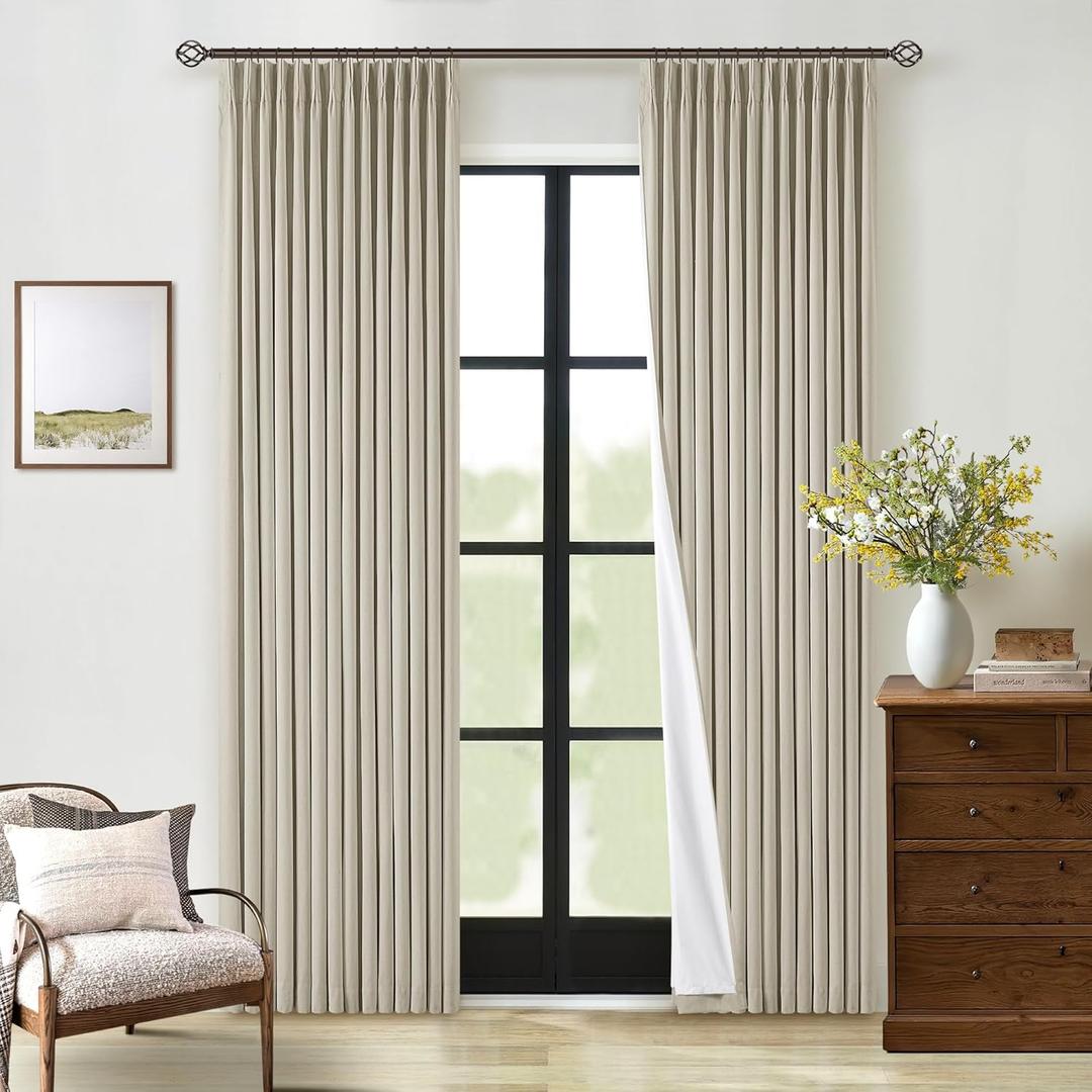 Beige Pinch Pleated Full Blackout Curtains Linen Blend Room Darkening Window Curtains 80 Inch for Living Room Bedroom Thermal Insulated Back Tab Pinch Pleat Drapes with Hooks Rings 2 Panels Oatmeal