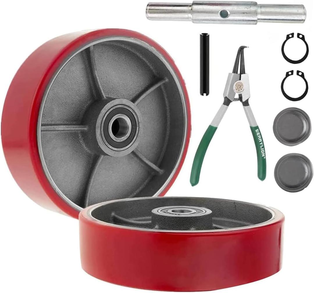 Pallet Jack/Truck Steering Wheels Set with Axle, Fasteners and Protective Caps (2 pcs) 7" x 2" with Bearings ID 20mm Poly Tread With Tools Red