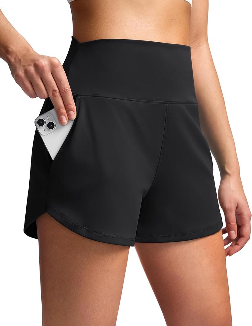 Soothfeel High Waisted Athletic Running Shorts for Women 3.5" Tummy Control Comfy Workout Gym Hiking Shorts with Pockets (Large, Black)