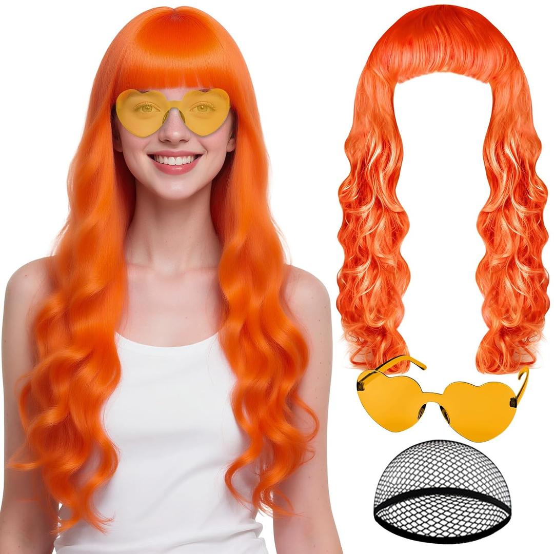 PLULON Orange Neon Wigs for Women with Heart Sunglasses, Colorful Long Curly Wigs Synthetic Colored Funny Cosplay Hairpieces for Daily Bachelorette Halloween Costume Party Decorations