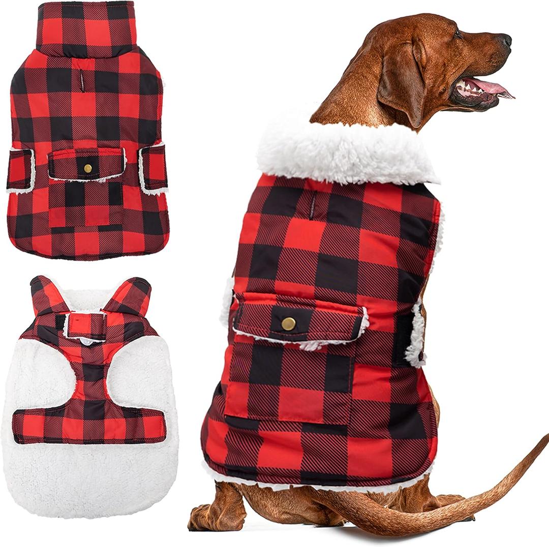ORZECHKO Dog Winter Coat - Windproof Fleece Warm Thick Dog Jacket Clothes for Cold Weather - Plaid Pet Vest Coat Outfits for Small Medium Large Dogs - Indoor & Outdoor Use XL