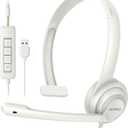 HW02 USB Headset with Microphone Noise Cancelling & in-line Control, Super Light, Ultra Comfort On-Ear Wired Office Call Center Headset for Boom Skype Webinars (White)