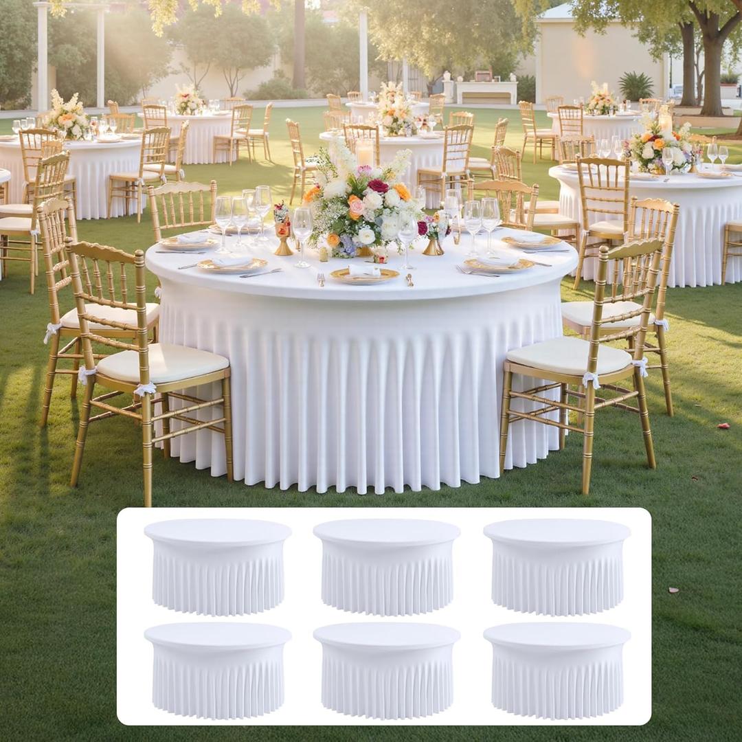 6 pk White Spandex Round Tablecloth 72 in with Ruffled Skirt,Wrinkle Free High-Stretch 132 inch Fitted 6ft Table Cloths Round Elastic Spandex Table Covers 6ft for Party Wedding Banquet Dinning