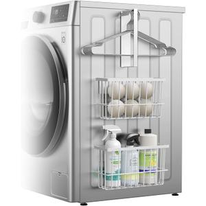 Laundry Room Organization and Storage Magnetic Dryer Ball Holder with Magnetic Hanger Holder, Magnetic Lint Bin for Washer Dryer, Iron Basket Dryer Ball Container, Magnetic Laundry Organizer (White)