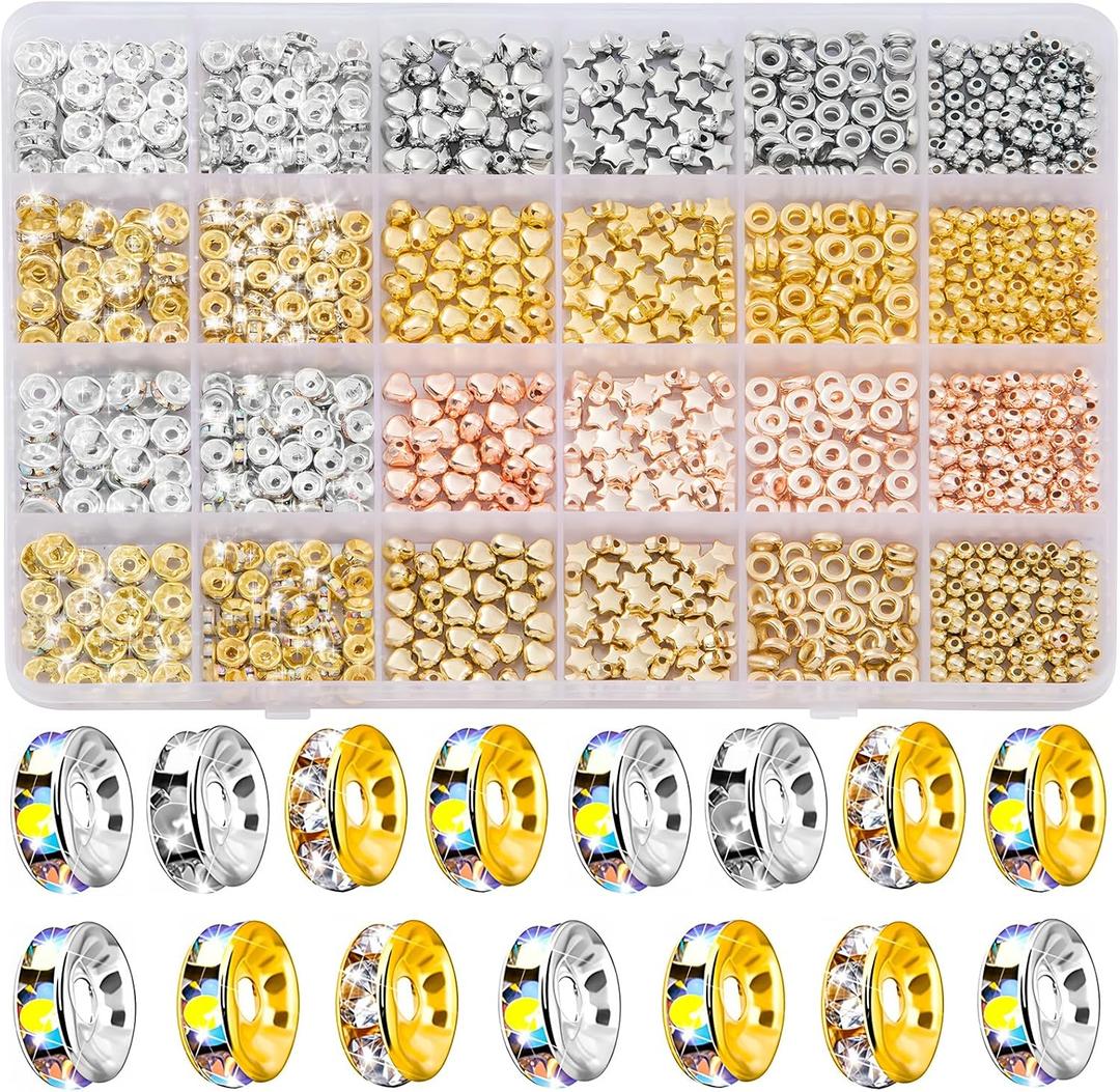 Goldwise Spacer Beads for Jewelry Making, 1280pcs Assorted Round Star Rondelle Heart Gold and Silver Beads for Bracelet Jewelry Making & DIY Crafts