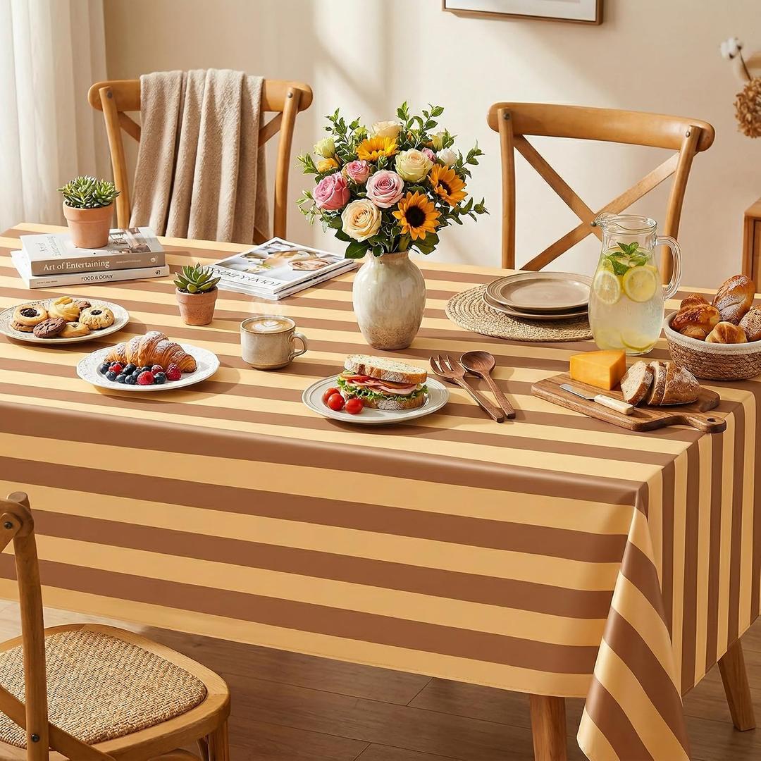 SoarDream Yellow Brown Striped Thankgiving Tablecloth: 57120 Inch Fall Polyester Waterproof Table Coverh Rectangle Table Cloth - Haliday New Year Banquet Themed Farmhouse Decoration