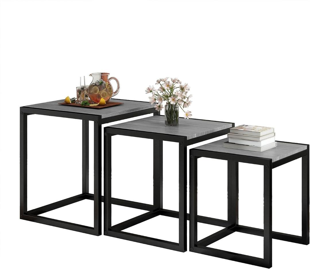 Nesting Coffee Table Set of 3, Stacking Metal Side Tables, Grey, 17.72" W x 17.72" D x 19.69" H