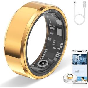 Smart Ring for Women & Men Gold, #8, Waterproof Health Tracker with Heart Rate, Sleep Monitoring, Long Lasting Battery, Fitness Smart Rings for iOS & Android, No Subscription Fee