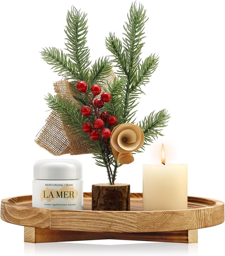 Decorative Round Wood Tray for Bathroom Counter Kitchen Decor Trays Wooden Riser Small Coffee Dining Table Tray Vanity Bathroom Sink Accessories for Soap Perfume Trays Countertop Candle Pedestal Stand