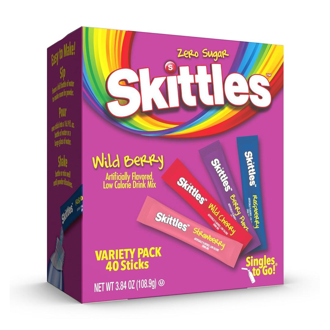 Skittles Singles To Go Wild Berry Variety Pack, Watertok Powdered Drink Mix, Zero Sugar, Low Calorie, Includes 4 Wild Berry Flavors, 1 Box (40 Single Servings), Box of 3 BBD 08/2026