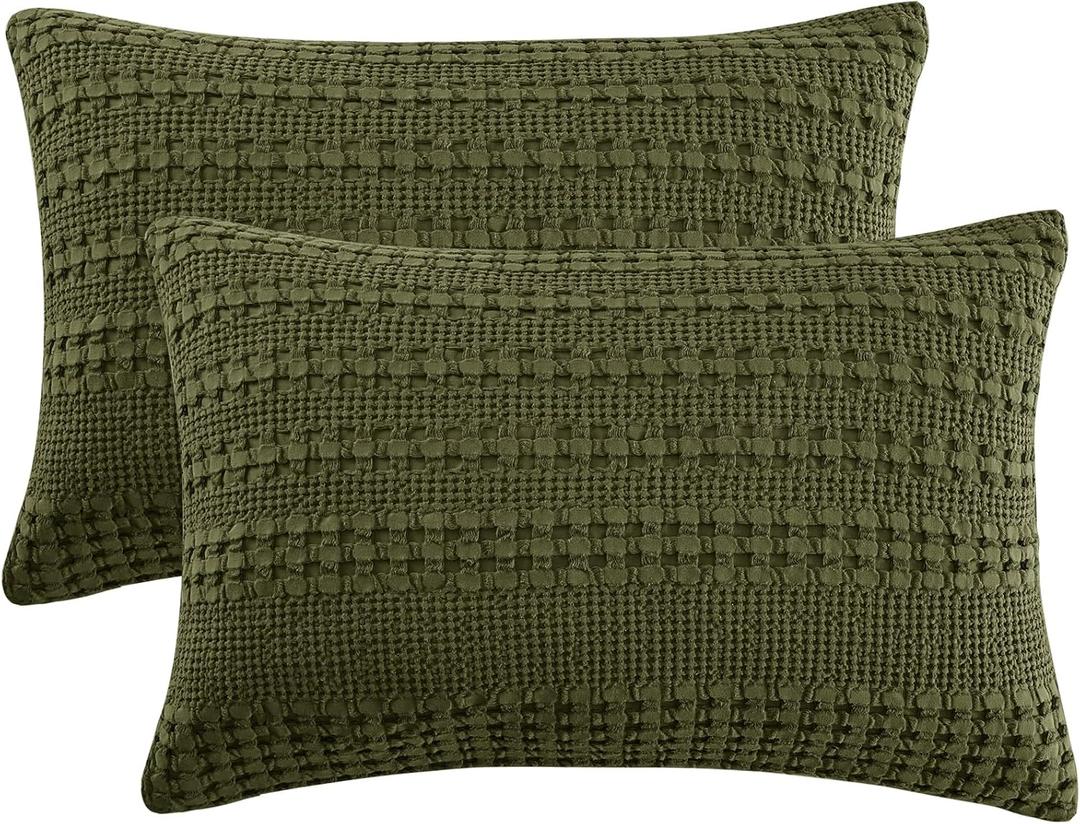 PHF 100% Cotton Waffle Pillow Shams King Size, 2 Pack 20" x 36" Soft Skin-Friendly Pillowcases, No Filling, Aesthetic Woven and Breathable Waffle Weave Pillow Case Covers for Bed, Capulet Olive