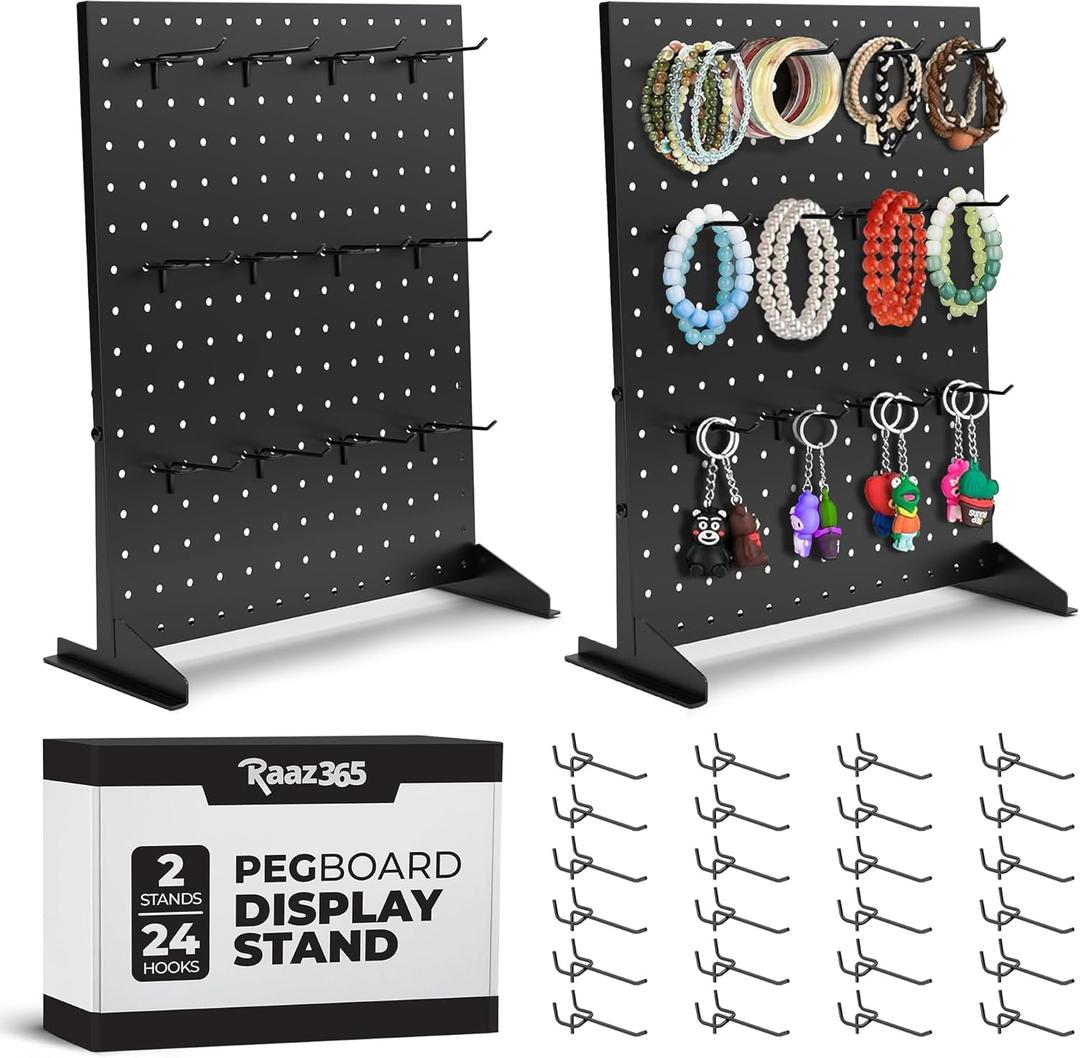 Pegboard Display Stand with 24 Hooks and 2 Stands for Craft Shows, Tabletop Jewelry Organizer Rack for Vendors, Keychain and Merchandise Display for Artist Alley & Retail Events, Black 17'x13'