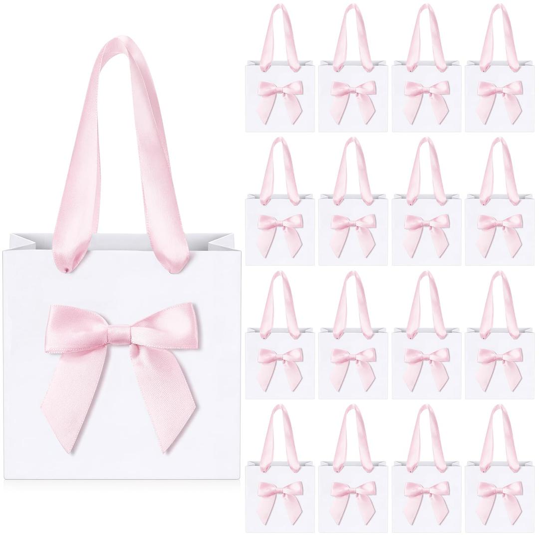 Kolldenn 50 Pcs No DIY Small Gift Bags with Pink Bow Ribbon 5.9''x 5.1''x 3.5'' White Paper Thank You Bags Bulk with Handle for Baby Shower Wedding Party Favor Birthday Return Guests