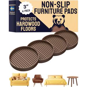 CasterMaster Non Slip Furniture Pads for Hardwood Floors - Circular (Brown, 3'' x 3'' - 4 Pack) - Round Furniture Cups & Chair Leg Floor Protectors for Scratch-Free Floors - Non Slip Caster Cups