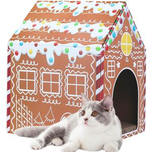 Christmas Gingerbread Cat House 16.5"x 13"x19" Christmas Cardboard Cat Scratcher House with Scratching Pad for Indoor Cats Kittens Large Cat Playhouse
