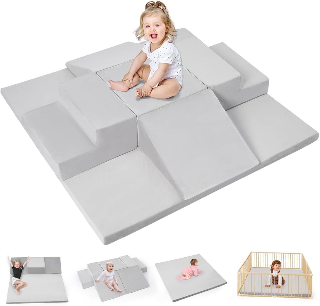 6-Piece Foam Climbing Blocks for Toddlers, Climb and Crawl Soft Foam Play Set with 47x47 Inch Baby Play Mat for Floor, Machine Washable Cover, Soft Climbing Toys for Toddlers 1-3 (Gray)
