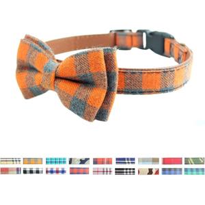 Bow Tie Dog Collar - Cute Plaid Sturdy Soft Material&Leather Dog Collars for Small Medium Large Dogs Breed Puppies Adjustable 18 Colors and 3 Sizes (Orange Plaid, M 13"-18")