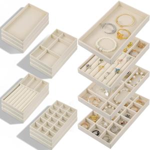 12 Pack Velvet Jewelry Organizer Trays for Drawer, Stackable Storage Display Case with Removable Dividers for Necklace, Bracelet, Rings, Earrings - Beige
