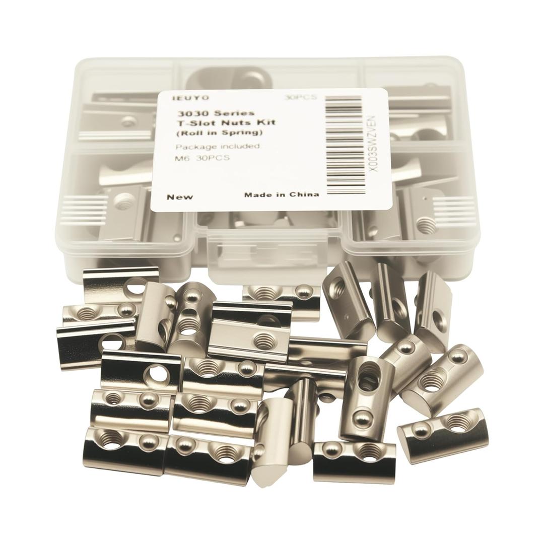 M6 T-Slot Nuts Spring-Loaded Roll-in for 3030 Aluminum Extrusion - 30 Pcs Carbon Steel Half Round T-Nuts Fasteners