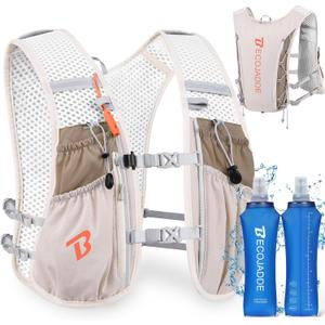 Running Vest Hydration Backpack for Men Women, 5L Lightweight Running Backpack Hydration Pack for Marathon, Trail, Cycling, Hiking, Jogging (5L Running Vest with Two 500ML Soft Water Bottles, Khaki)