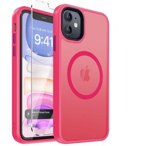 2 x DEERLAMN Magnetic Matte Case for iPhone 11 with Screen Protector, [Compatible with MagSafe][Military Grade Drop Protection] Slim Translucent Shockproof Protective Phone Cover, Hot Pink