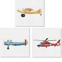 Set of 3 Airplane Nursery Transportation Framed Wall Art Aviation Decor Watercolor Vintage Plane Aircraft Canvas Paintings Prints Posters for Home Kids Toddler Boys Bedroom, 12x12 Inch