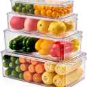 4 Piece Refrigerator Organizer Bins, Clear Fridge Organizers and Storage, Stackable with Lids, Food Storage Containers for Fruit, Vegetable, Drinks, Cereals