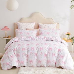 Bow Bedding Duvet Cover Full Girls Pink Floral Duvet Cover Set Romantic Princess Style Bowknot Bedding Set Ultra Soft Reversible Garden Flower Comforter Cover 3Pcs